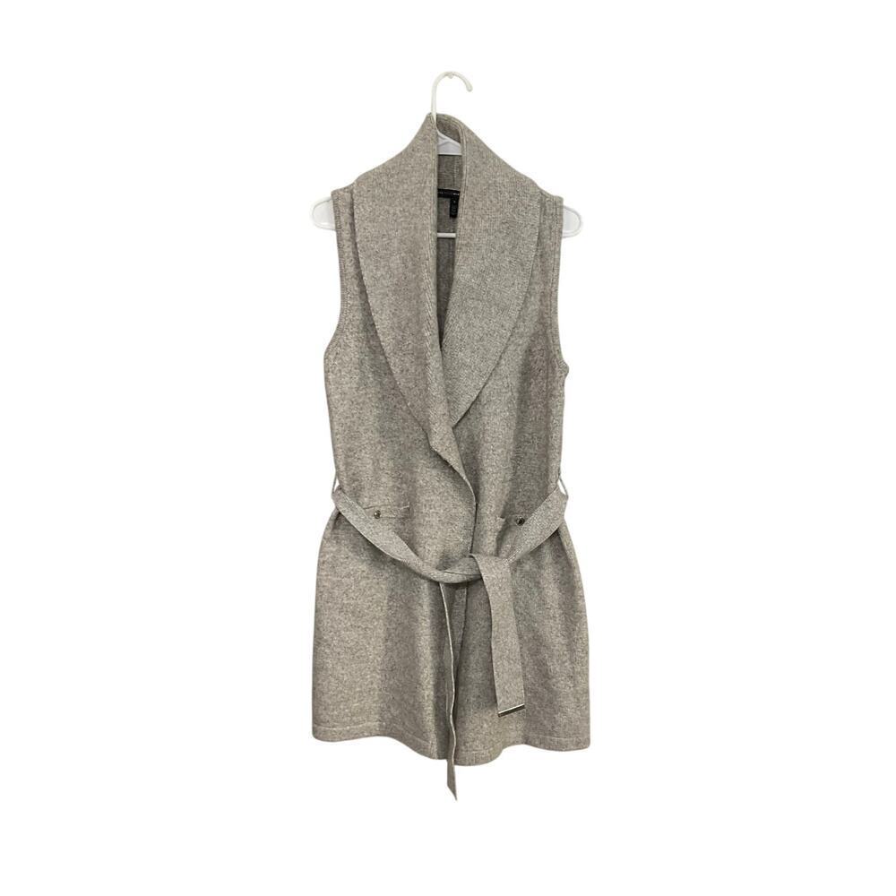 WHBM Wool Blend Belted Long Gray Sweater Vest Cardigan Size Small Pockets - Picture 1 of 7